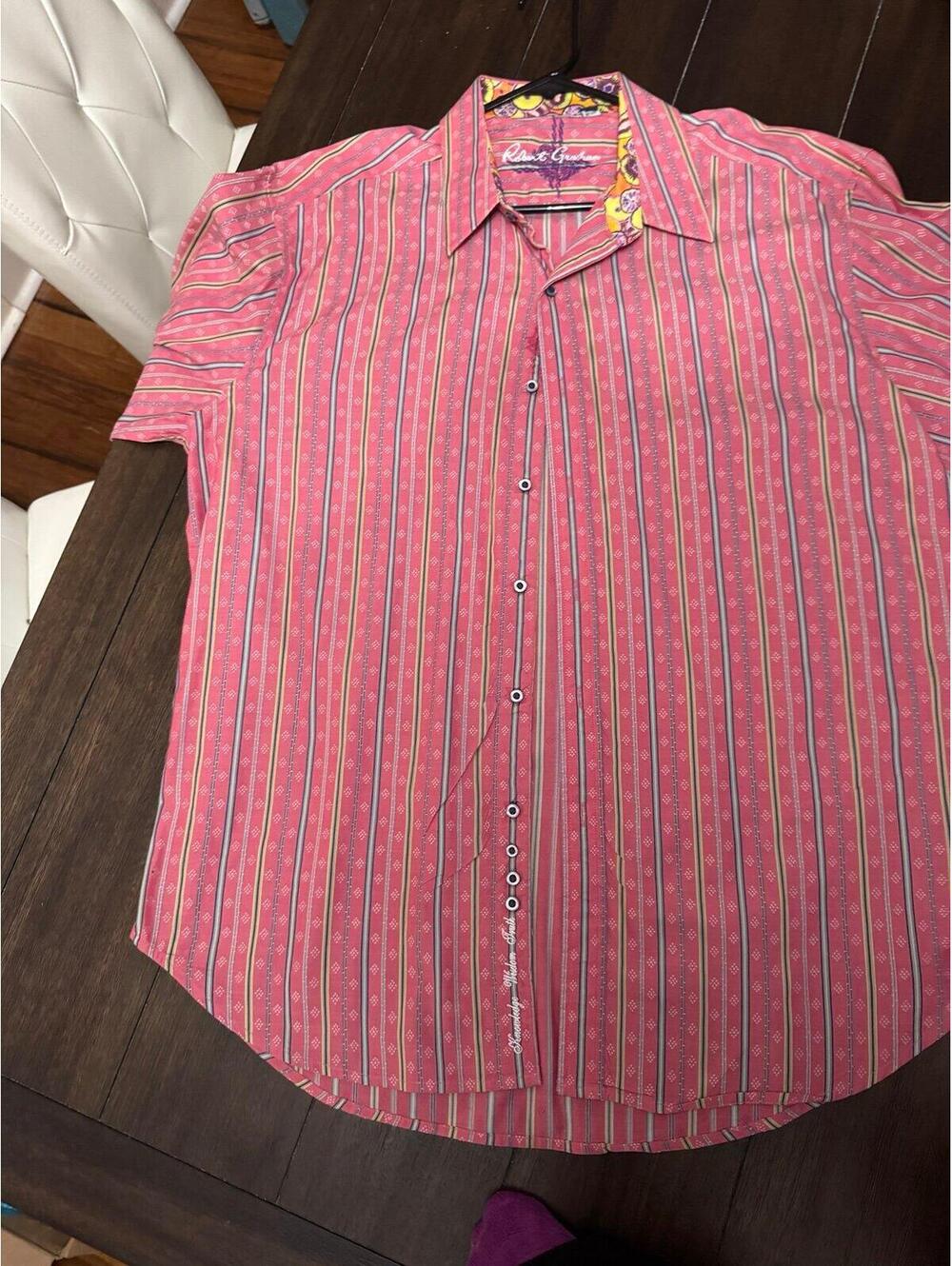 Robert Graham Men's Pink Striped Button-Up Shirt Size XL Multicolor Cuff Details